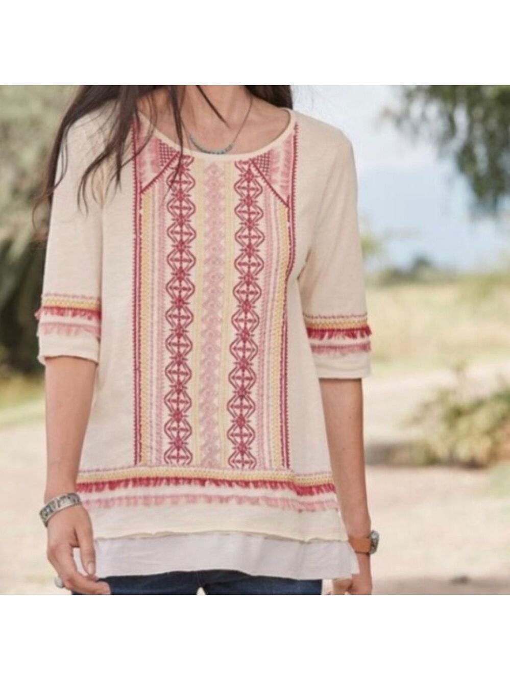 Sundance Montera Embroidered Top Size M Cream Coral Boho Fringe Western EUC